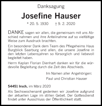 Traueranzeige von Josefine Hauser von trierischer_volksfreund