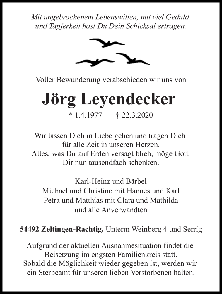  Traueranzeige für Jörg Leyendecker vom 28.03.2020 aus trierischer_volksfreund