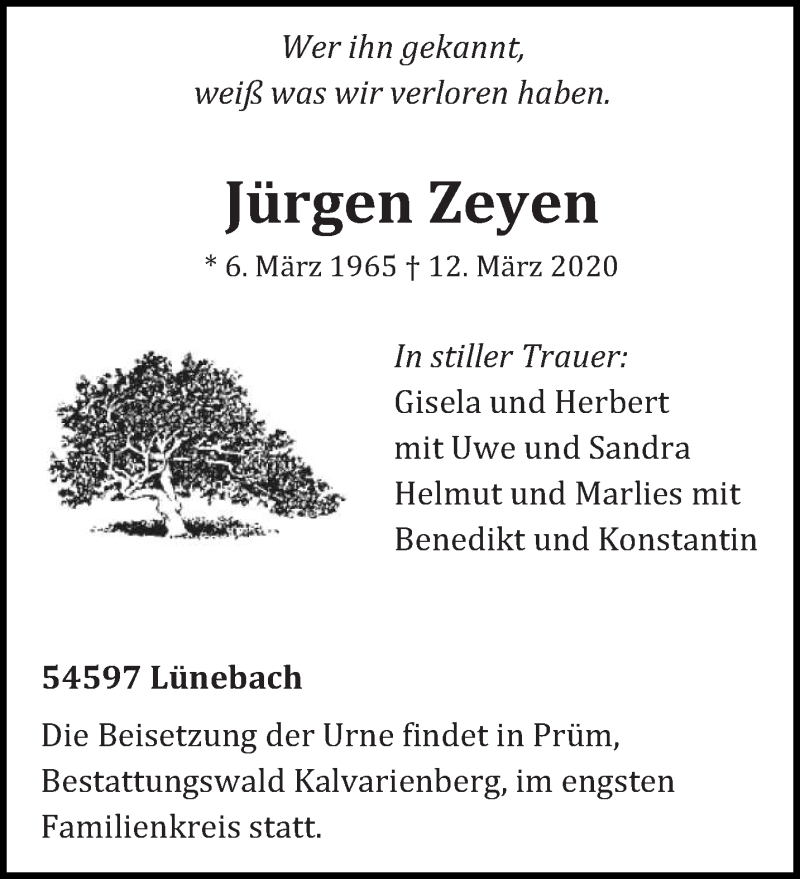  Traueranzeige für Jürgen Zeyen vom 20.03.2020 aus trierischer_volksfreund