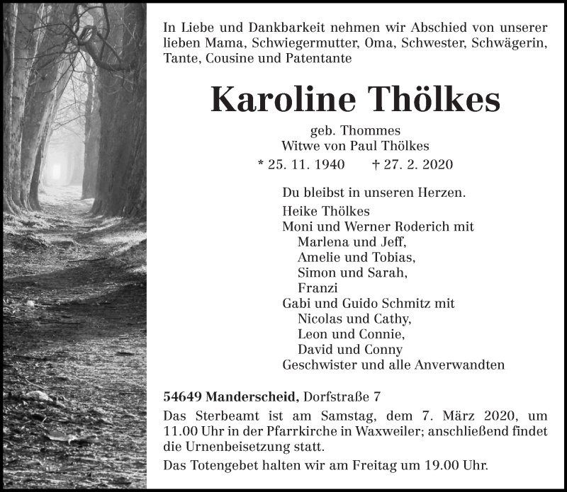  Traueranzeige für Karoline Thölkes vom 04.03.2020 aus trierischer_volksfreund