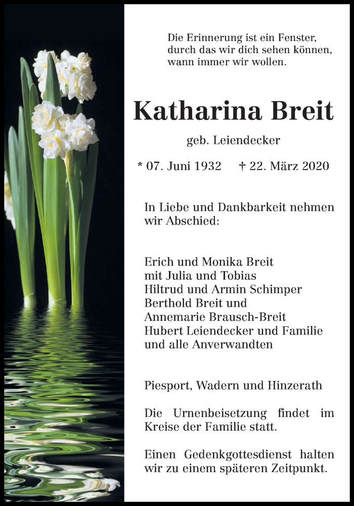  Traueranzeige für Katharina Breit vom 27.03.2020 aus trierischer_volksfreund