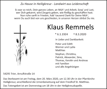 Traueranzeige von Klaus Remmels von trierischer_volksfreund