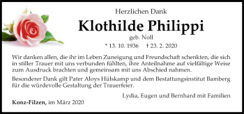 Traueranzeige von Klothilde Philippi von trierischer_volksfreund