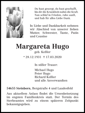 Traueranzeige von Margareta Hugo von trierischer_volksfreund