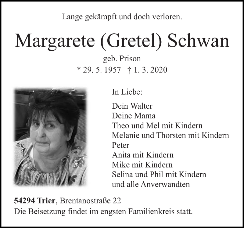  Traueranzeige für Margarete  Schwan vom 04.03.2020 aus trierischer_volksfreund
