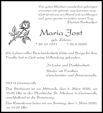 Traueranzeige von Maria Jost von trierischer_volksfreund