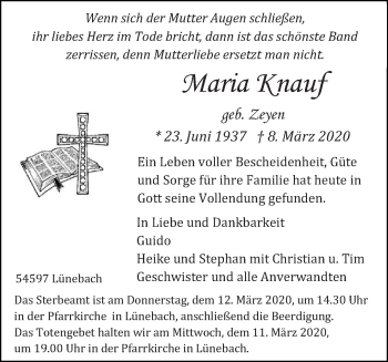 Traueranzeige von Maria Knauf von trierischer_volksfreund