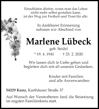 Traueranzeige von Marlene Lübeck von trierischer_volksfreund