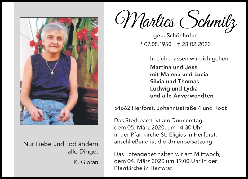  Traueranzeige für Marlies Schmitz vom 02.03.2020 aus trierischer_volksfreund