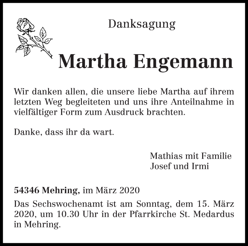  Traueranzeige für Martha Engemann vom 11.03.2020 aus trierischer_volksfreund