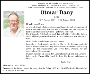 Traueranzeige von Otmar Dany von trierischer_volksfreund