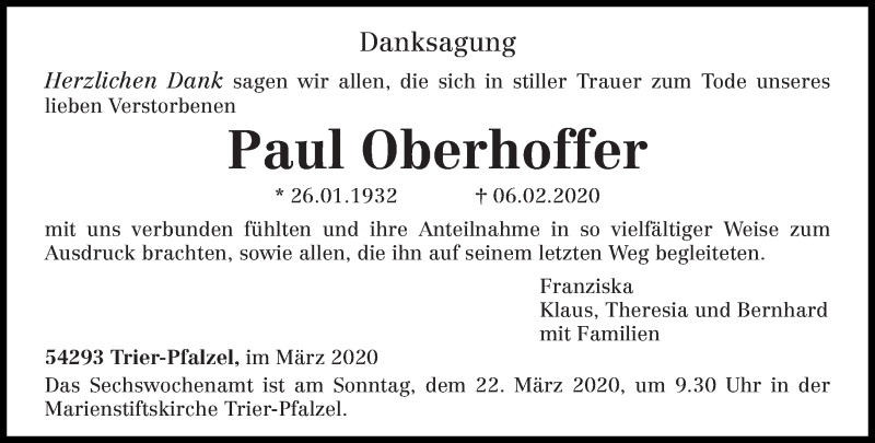  Traueranzeige für Paul Oberhoffer vom 14.03.2020 aus trierischer_volksfreund