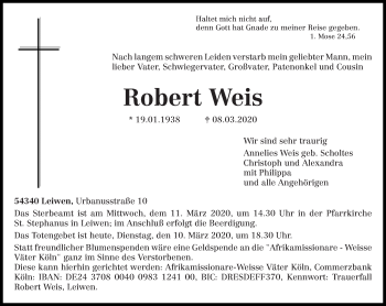 Traueranzeige von Robert Weis von trierischer_volksfreund
