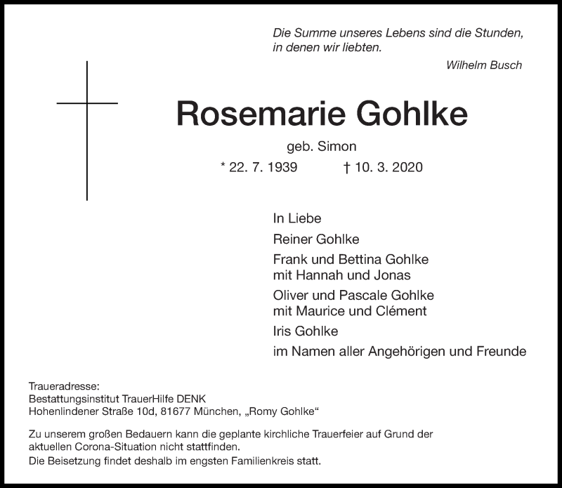  Traueranzeige für Rosemarie Gohlke vom 18.03.2020 aus trierischer_volksfreund