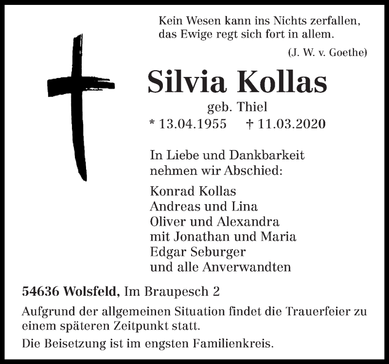  Traueranzeige für Silvia Kollas vom 19.03.2020 aus trierischer_volksfreund