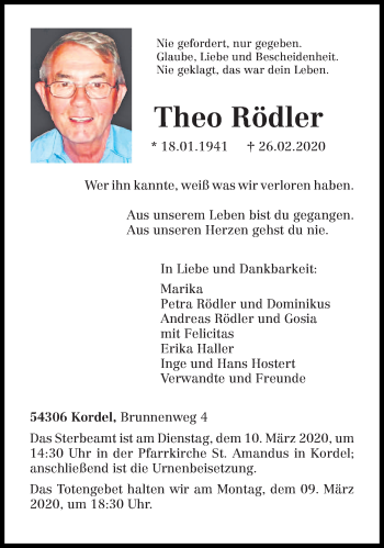 Traueranzeige von Theo Rödler von trierischer_volksfreund