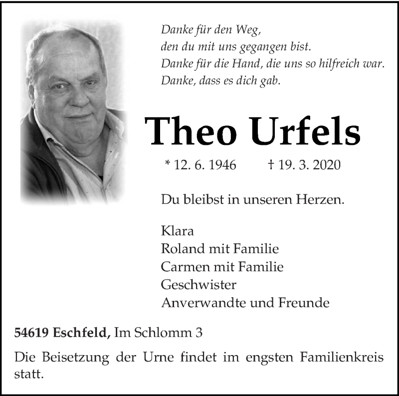  Traueranzeige für Theo Urfels vom 21.03.2020 aus trierischer_volksfreund