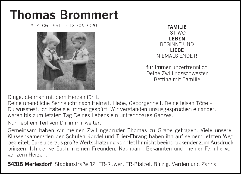  Traueranzeige für Thomas Brommert vom 10.03.2020 aus trierischer_volksfreund