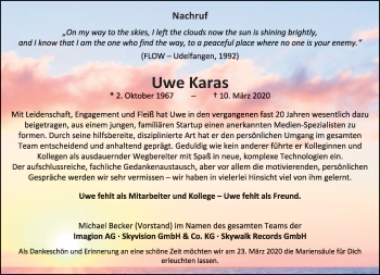 Traueranzeige von Uwe Karas von trierischer_volksfreund