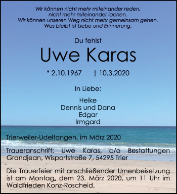 Traueranzeige von Uwe Karas von trierischer_volksfreund