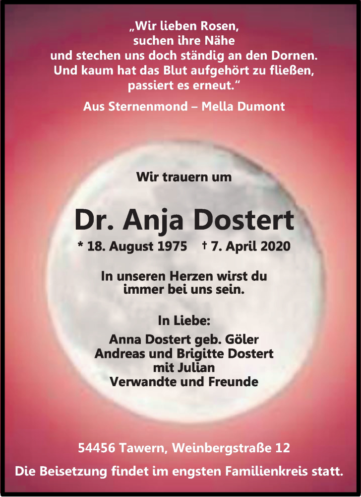  Traueranzeige für Anja Dostert vom 11.04.2020 aus trierischer_volksfreund