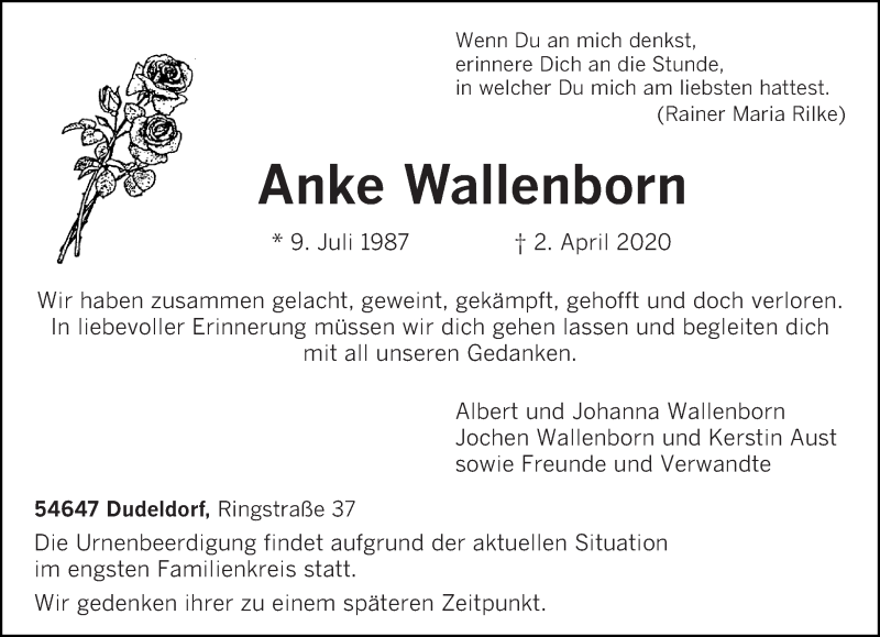  Traueranzeige für Anke Wallenborn vom 11.04.2020 aus trierischer_volksfreund