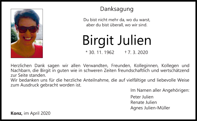  Traueranzeige für Birgit Julien vom 18.04.2020 aus trierischer_volksfreund