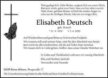 Traueranzeige von Elisabeth Deutsch von trierischer_volksfreund
