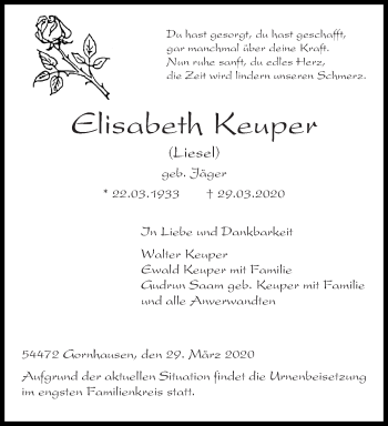 Traueranzeige von Elisabeth Keuper von trierischer_volksfreund