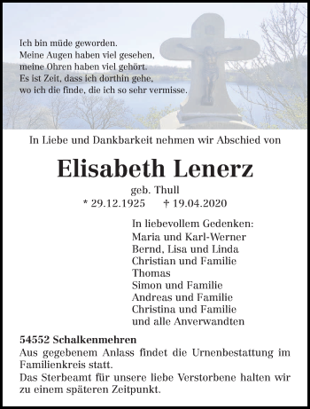 Traueranzeige von Elisabeth Lenerz von trierischer_volksfreund