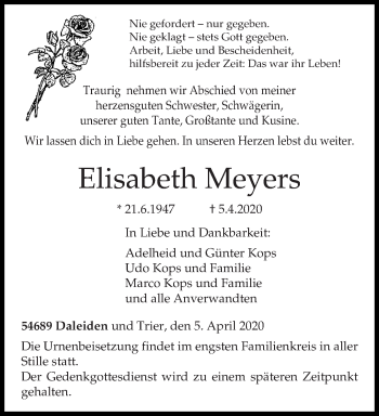 Traueranzeige von Elisabeth Meyers von trierischer_volksfreund