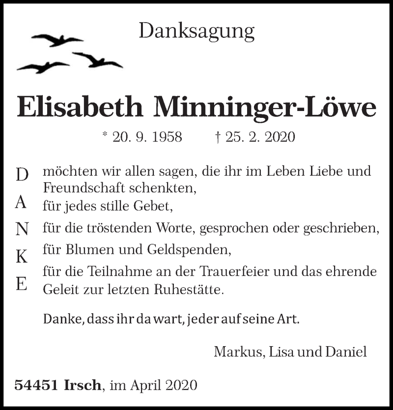  Traueranzeige für Elisabeth Minninger-Löwe vom 20.04.2020 aus trierischer_volksfreund