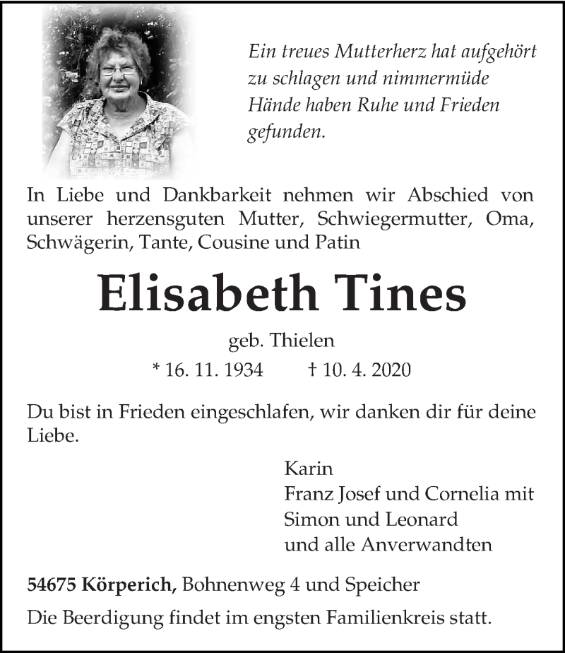  Traueranzeige für Elisabeth Tines vom 14.04.2020 aus trierischer_volksfreund