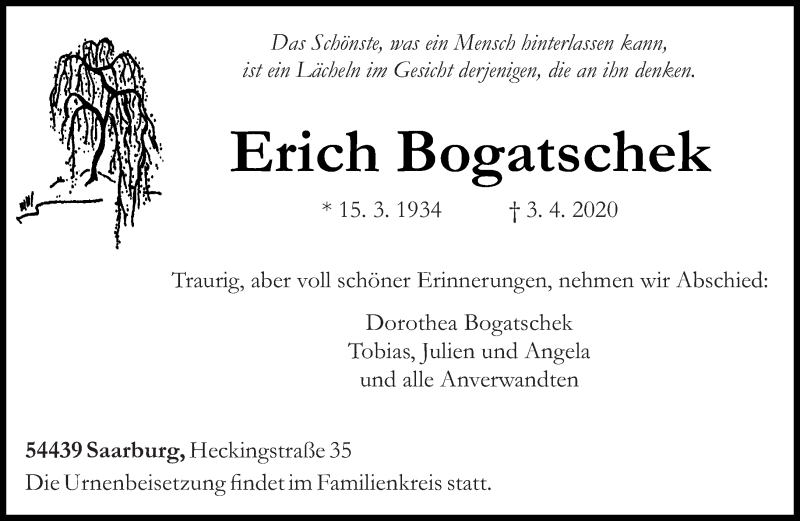  Traueranzeige für Erich Bogatschek vom 18.04.2020 aus trierischer_volksfreund