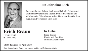 Traueranzeige von Erich Braun von trierischer_volksfreund