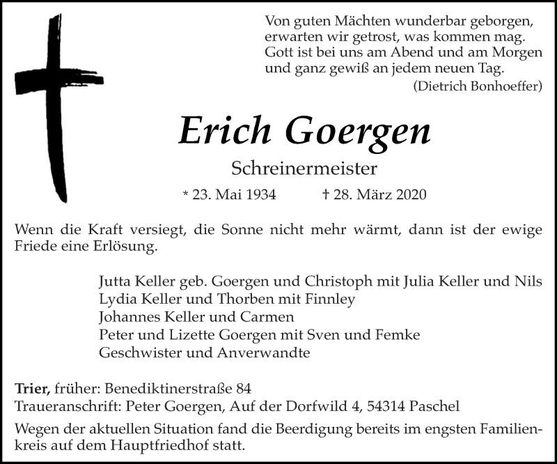  Traueranzeige für Erich Goergen vom 04.04.2020 aus trierischer_volksfreund