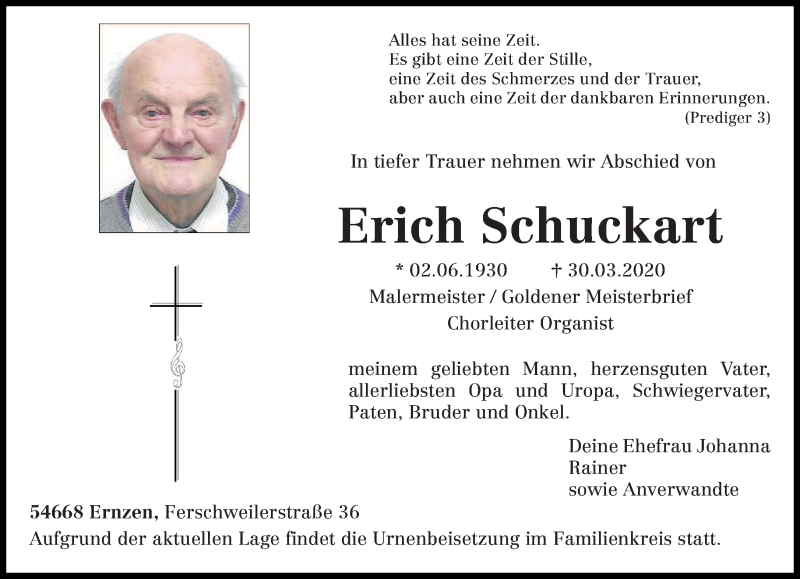  Traueranzeige für Erich Schuckart vom 01.04.2020 aus trierischer_volksfreund