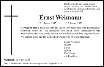Traueranzeige von Ernst Weimann von trierischer_volksfreund