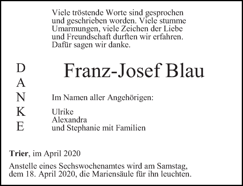  Traueranzeige für Franz-Josef Blau vom 11.04.2020 aus trierischer_volksfreund