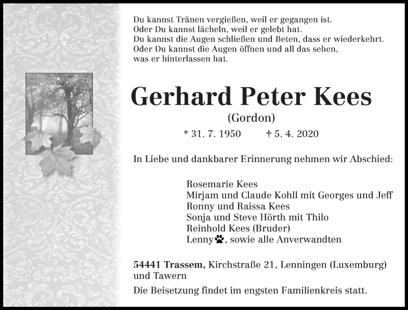  Traueranzeige für Gerhard Peter Kees vom 14.04.2020 aus trierischer_volksfreund