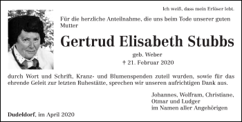 Traueranzeige von Gertrud Elisabeth Stubbs von trierischer_volksfreund