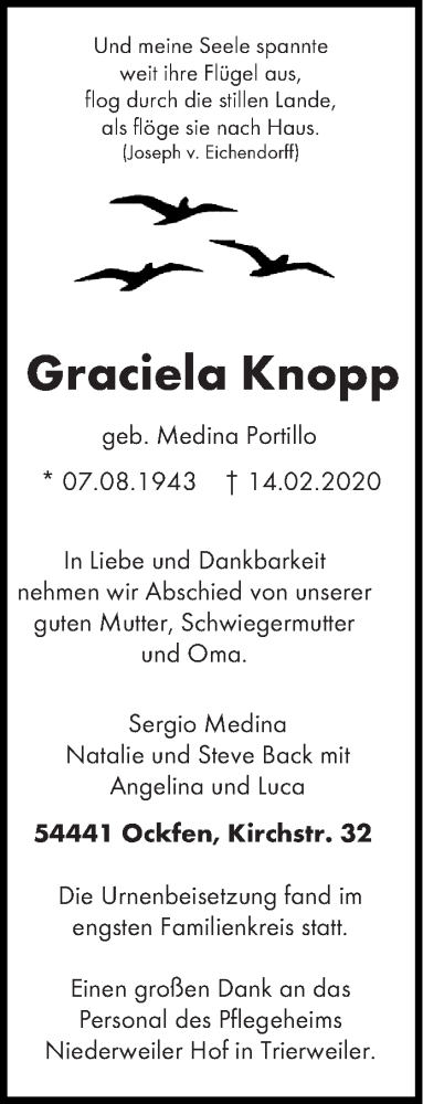  Traueranzeige für Graciela Knopp vom 11.04.2020 aus trierischer_volksfreund