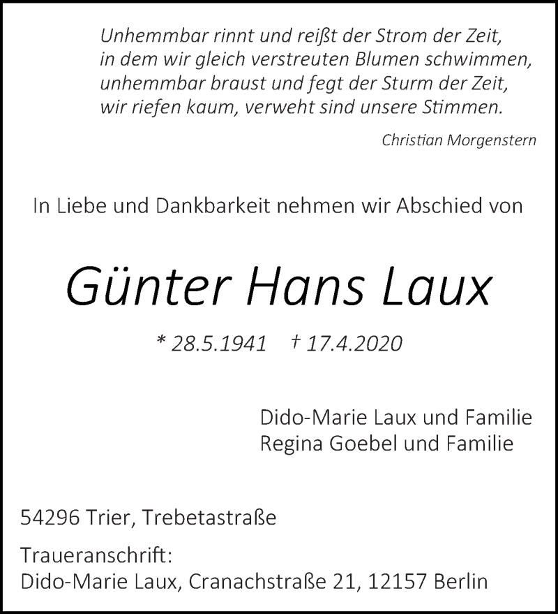  Traueranzeige für Günter Hans Laux vom 23.04.2020 aus trierischer_volksfreund
