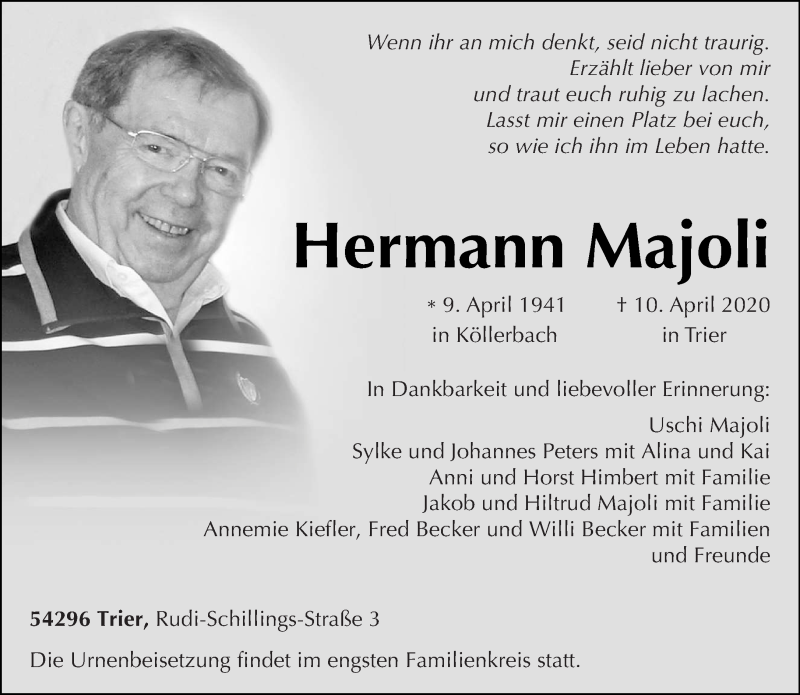  Traueranzeige für Hermann Majoli vom 18.04.2020 aus trierischer_volksfreund