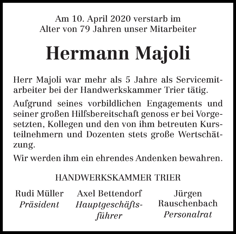  Traueranzeige für Hermann Majoli vom 18.04.2020 aus trierischer_volksfreund