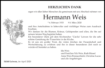 Traueranzeige von Hermann Weis von trierischer_volksfreund