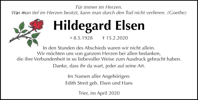  Traueranzeige für Hildegard Elsen vom 04.04.2020 aus trierischer_volksfreund
