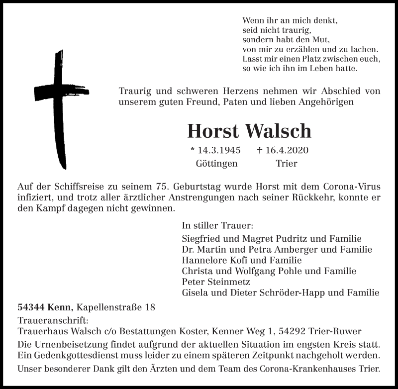  Traueranzeige für Horst Walsch vom 25.04.2020 aus trierischer_volksfreund