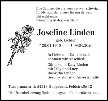 Traueranzeige von Josefine Linden von trierischer_volksfreund