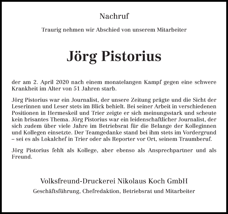  Traueranzeige für Jörg Pistorius vom 18.04.2020 aus trierischer_volksfreund